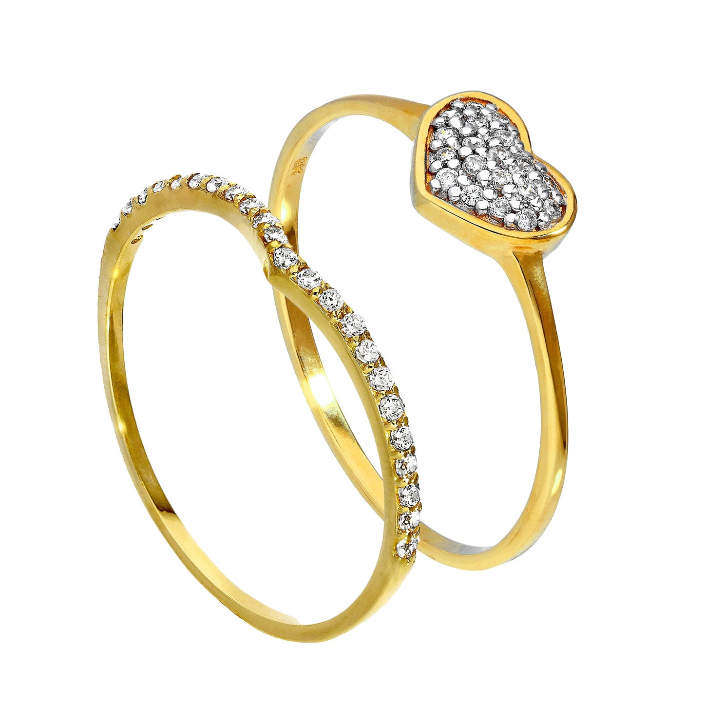 9ct Gold Wishbone & Heart Pave CZ Stacking Rings Set
