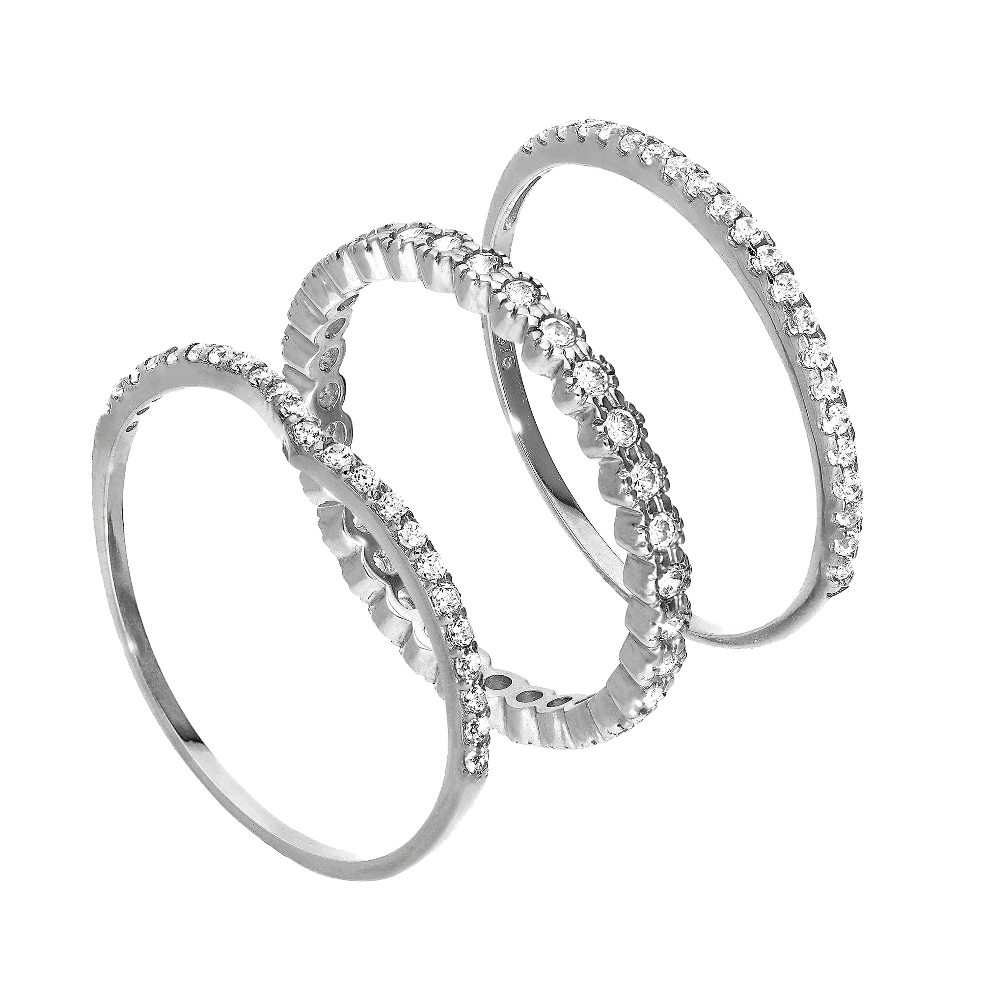 9ct White Gold Wishbone & Eternity CZ Sparkle Stacking Rings Set ...