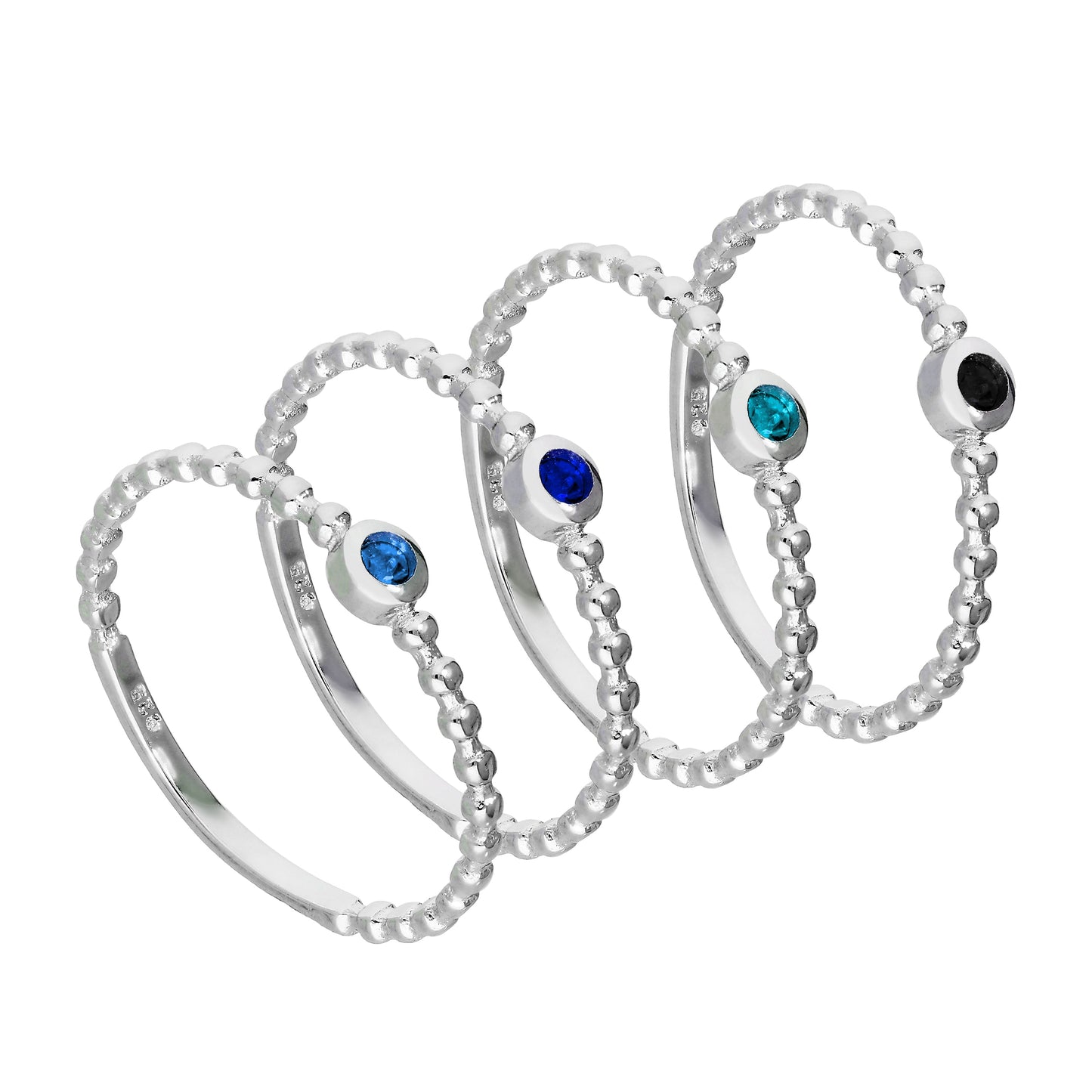 Sterling Silver Blue Beaded CZ Stacking Rings Set