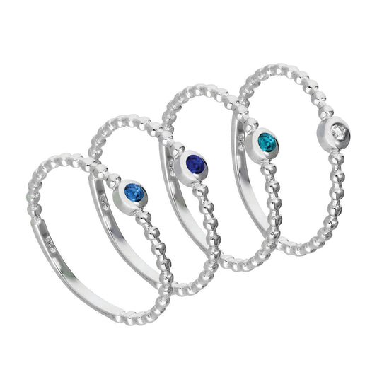 Sterling Silver Blue Beaded CZ Stacking Rings Set