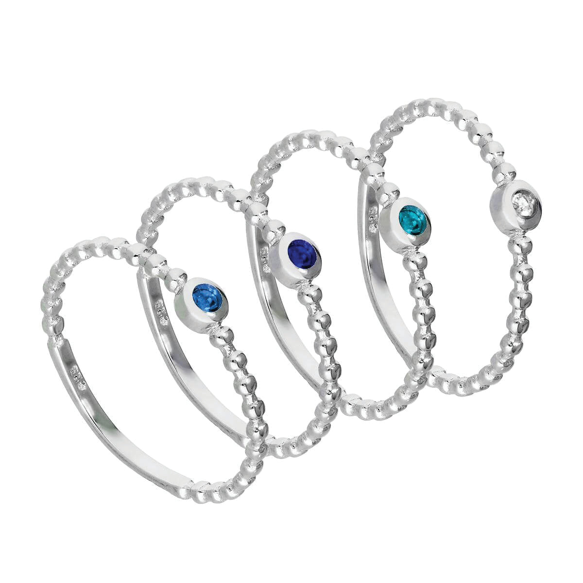Sterling Silver Blue Beaded CZ Stacking Rings Set | jewellerybox