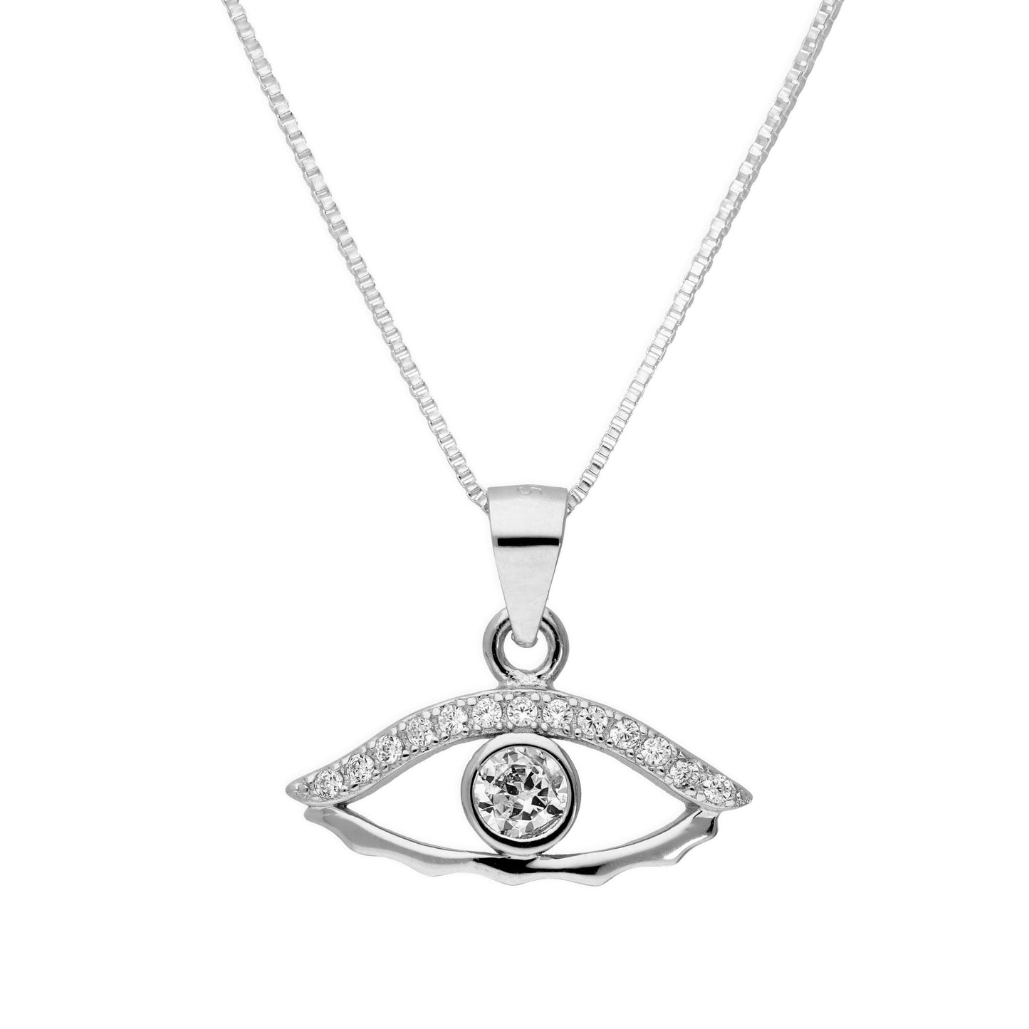Sterling Silver & Clear CZ Crystal Evil Eye Pendant Necklace 16 - 22 Inches