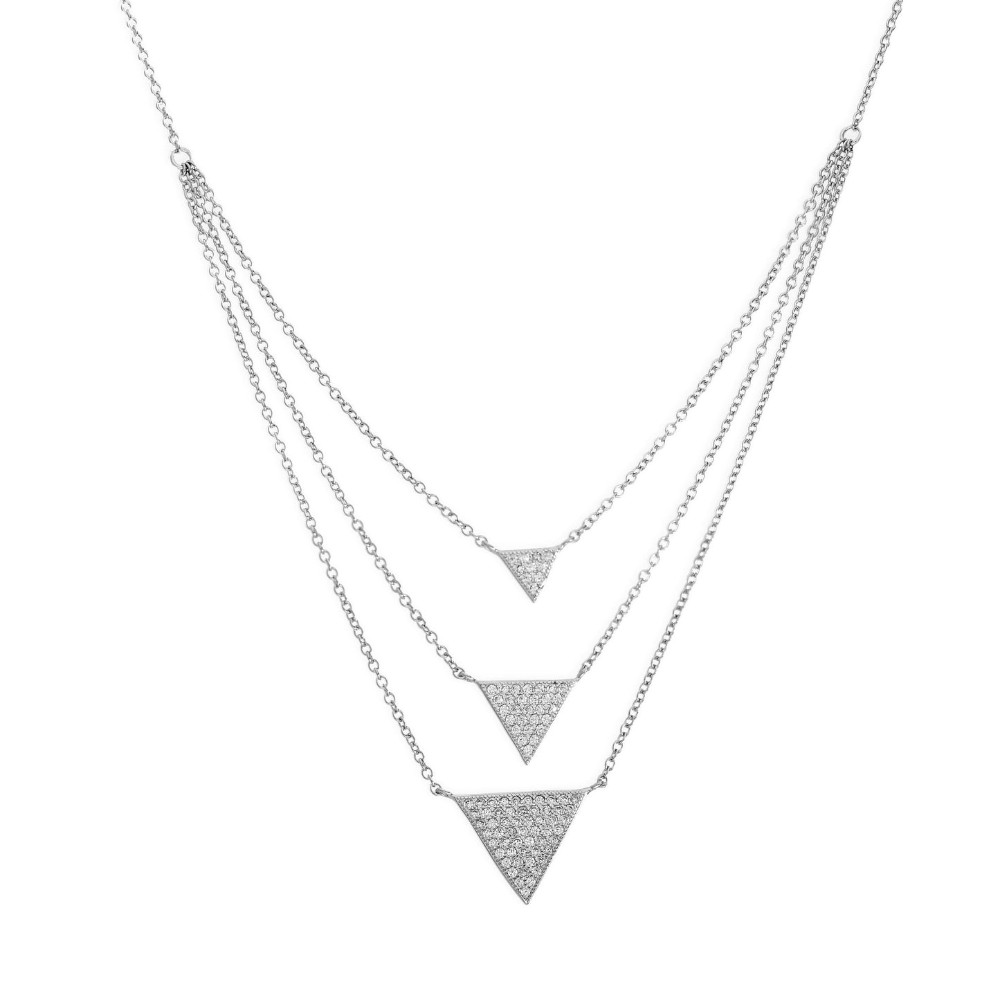 Sterling Silver & Clear CZ Crystal Triple Drop Triangles Necklace