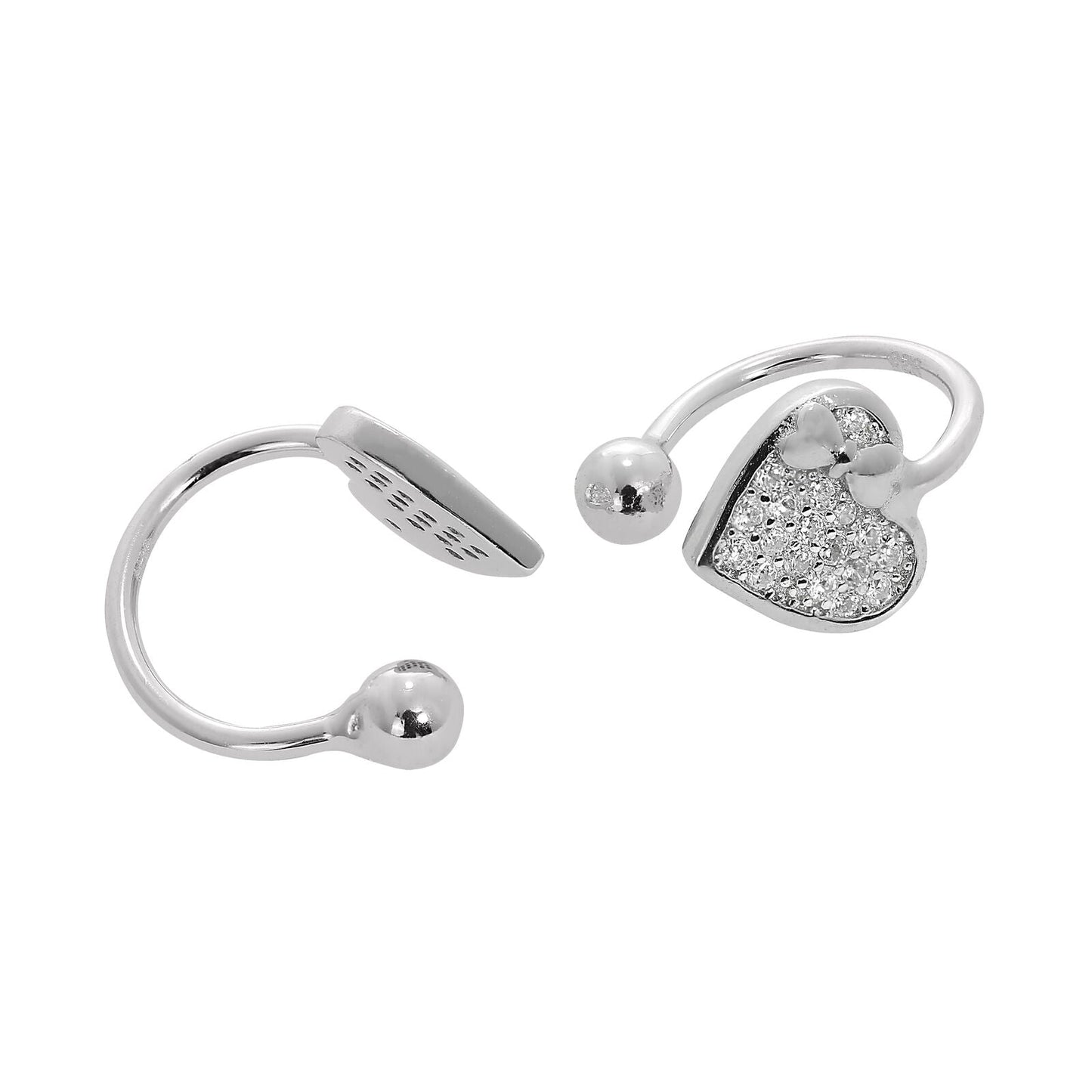 Sterling Silver & Clear CZ Crystal Heart w Bow Ear Cuffs