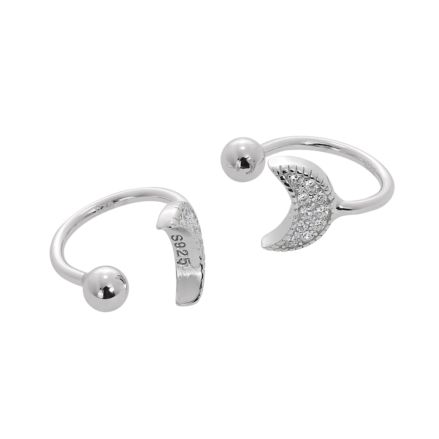 Sterling Silver & Clear CZ Crystal Crescent Moon Ear Cuffs