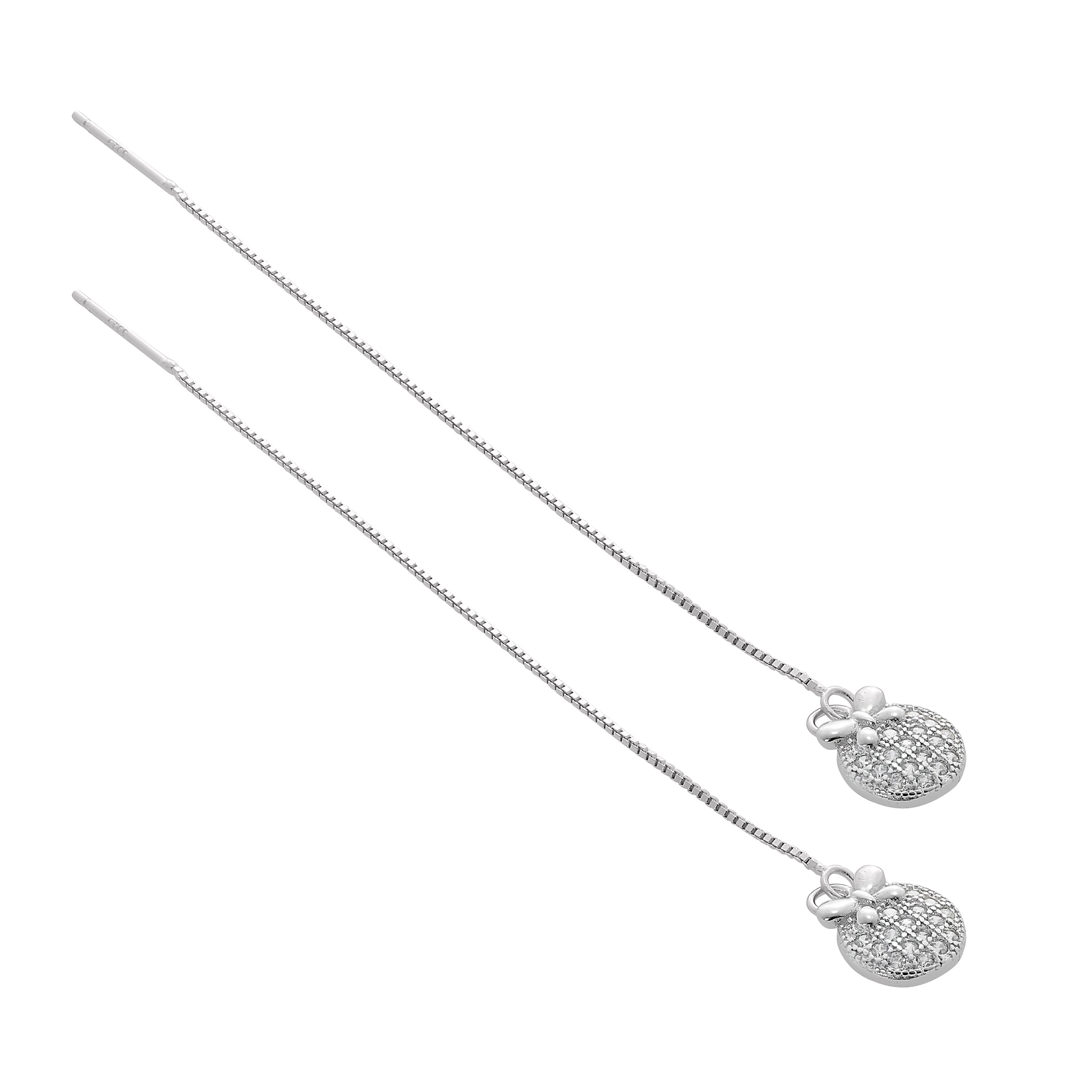 Sterling Silver & Clear CZ Crystal Christmas Bauble Pull Through Earrings
