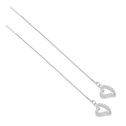 Sterling Silver & Clear CZ Crystal Heart Outline Pull Through Earrings