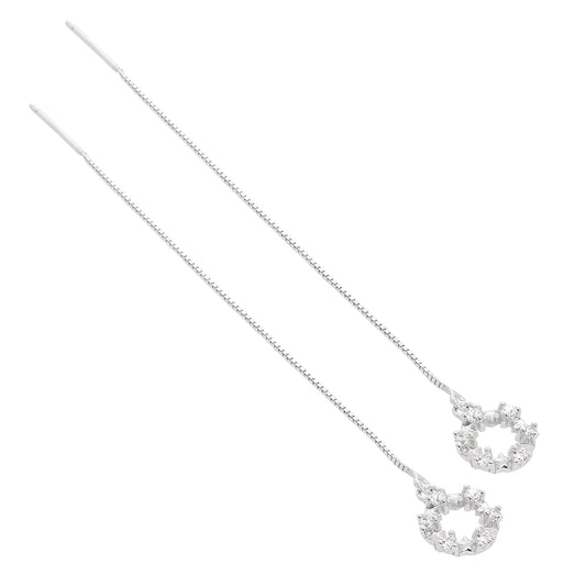 Sterling Silver & Clear CZ Crystal Karma Circle Pull Through Earrings
