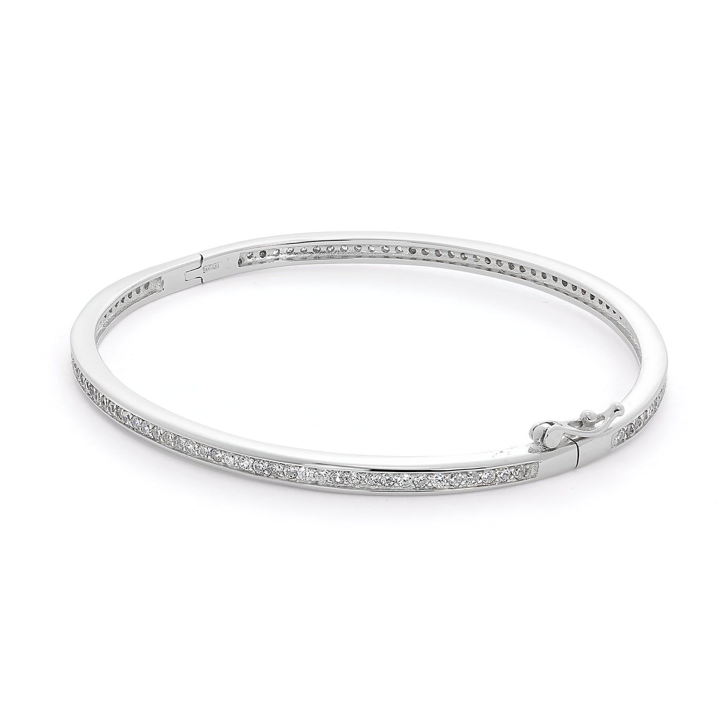 Sterling Silver & Clear CZ Crystal Hinged Oval Bangle