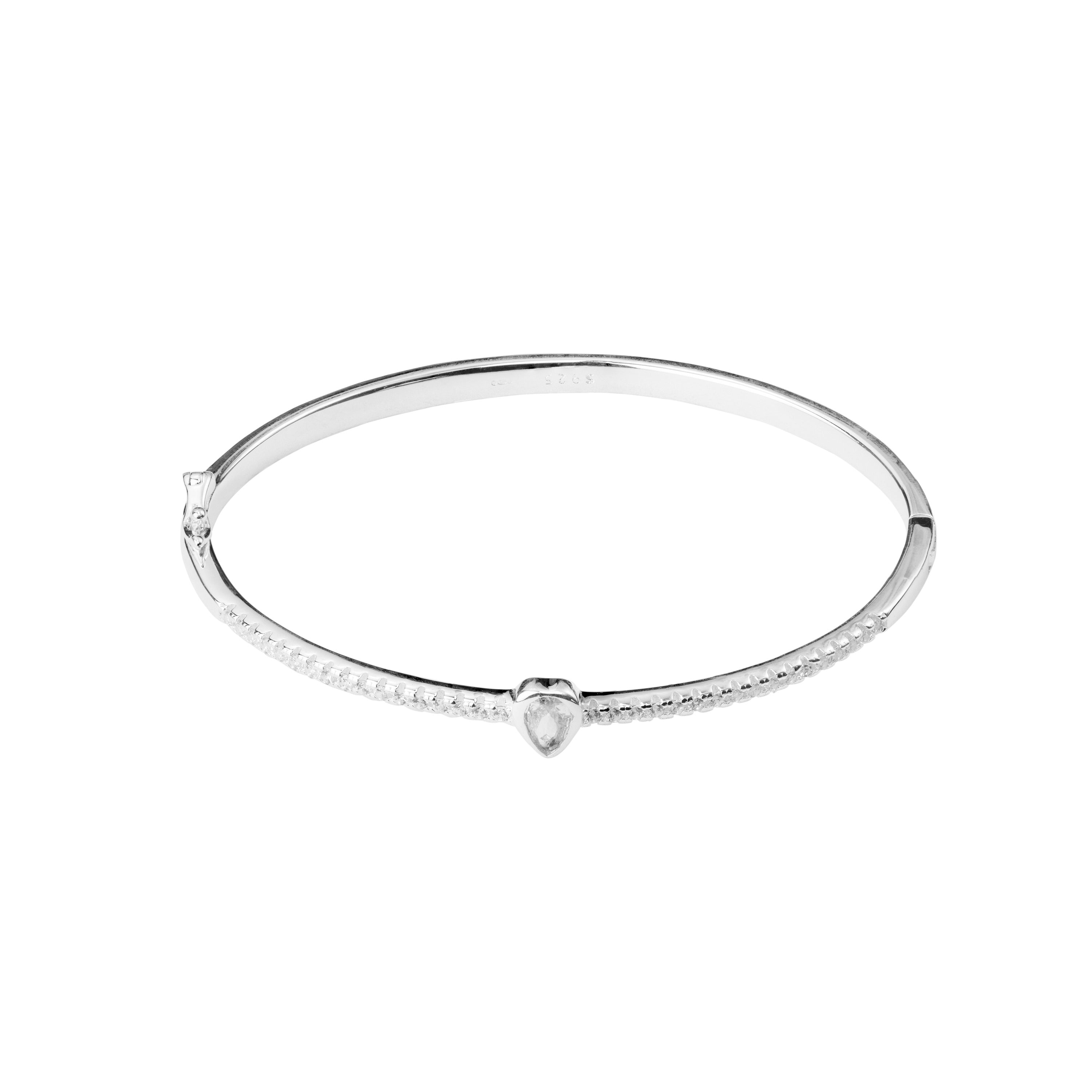Sterling Silver & Clear CZ Crystal Heart Hinged Oval Bangle