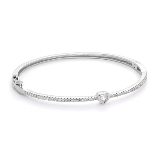 Sterling Silver & Clear CZ Crystal Heart Hinged Oval Bangle