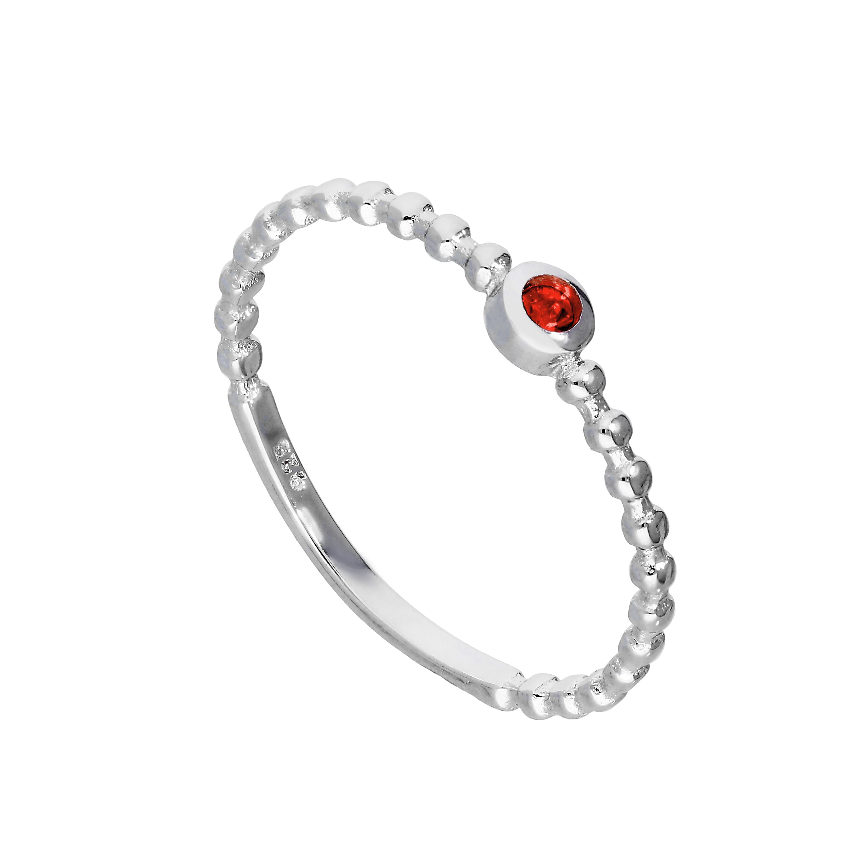Sterling Silver & Garnet CZ Crystal January Birthstone Beaded Band Ring I - U