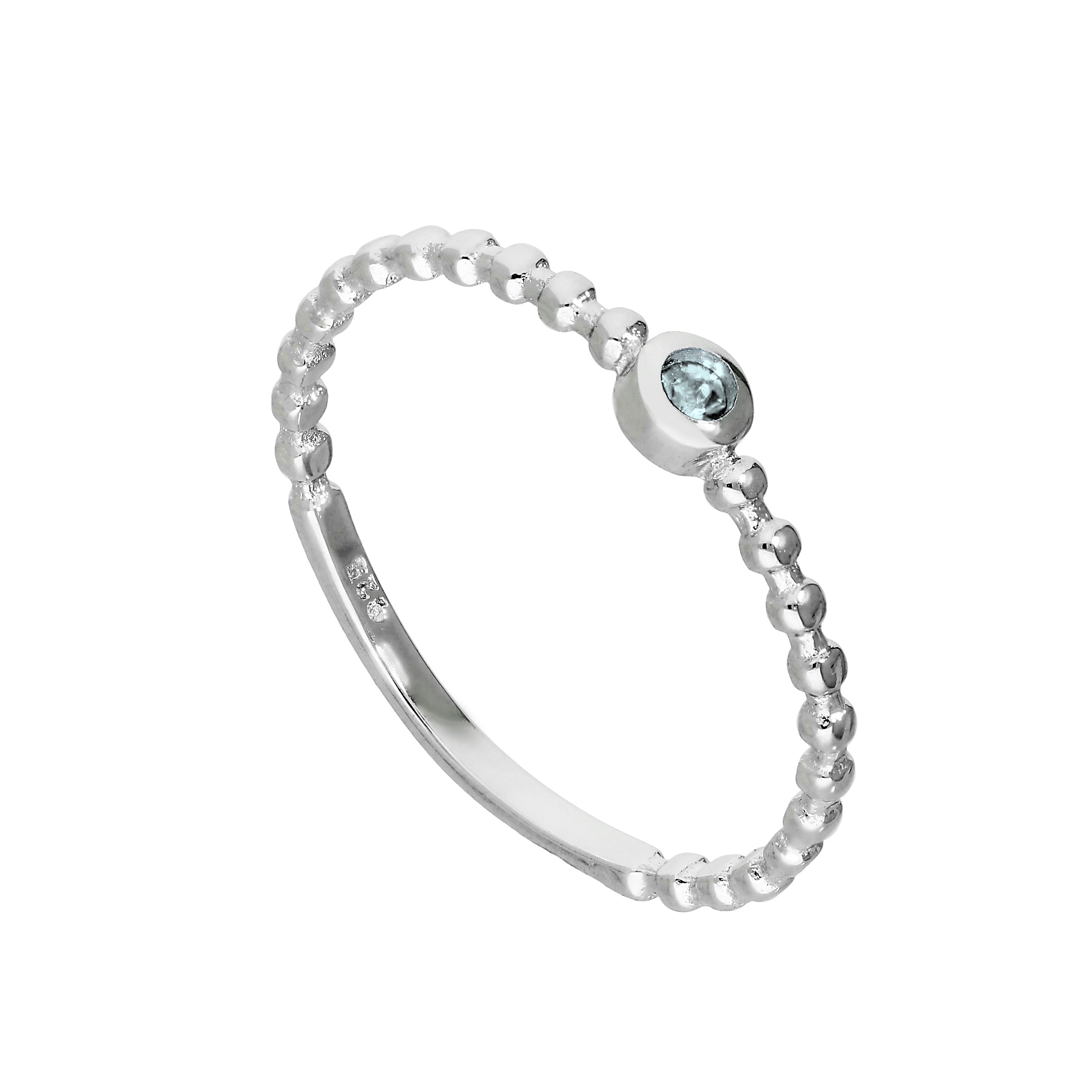 Sterling Silver & Aquamarine CZ Crystal March Birthstone Beaded Band Ring I - U