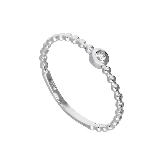Sterling Silver & Clear CZ Crystal April Birthstone Beaded Band Ring I - U