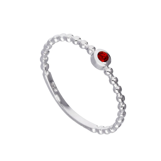 Sterling Silver & Ruby CZ Crystal July Birthstone Beaded Band Ring sizes I - U