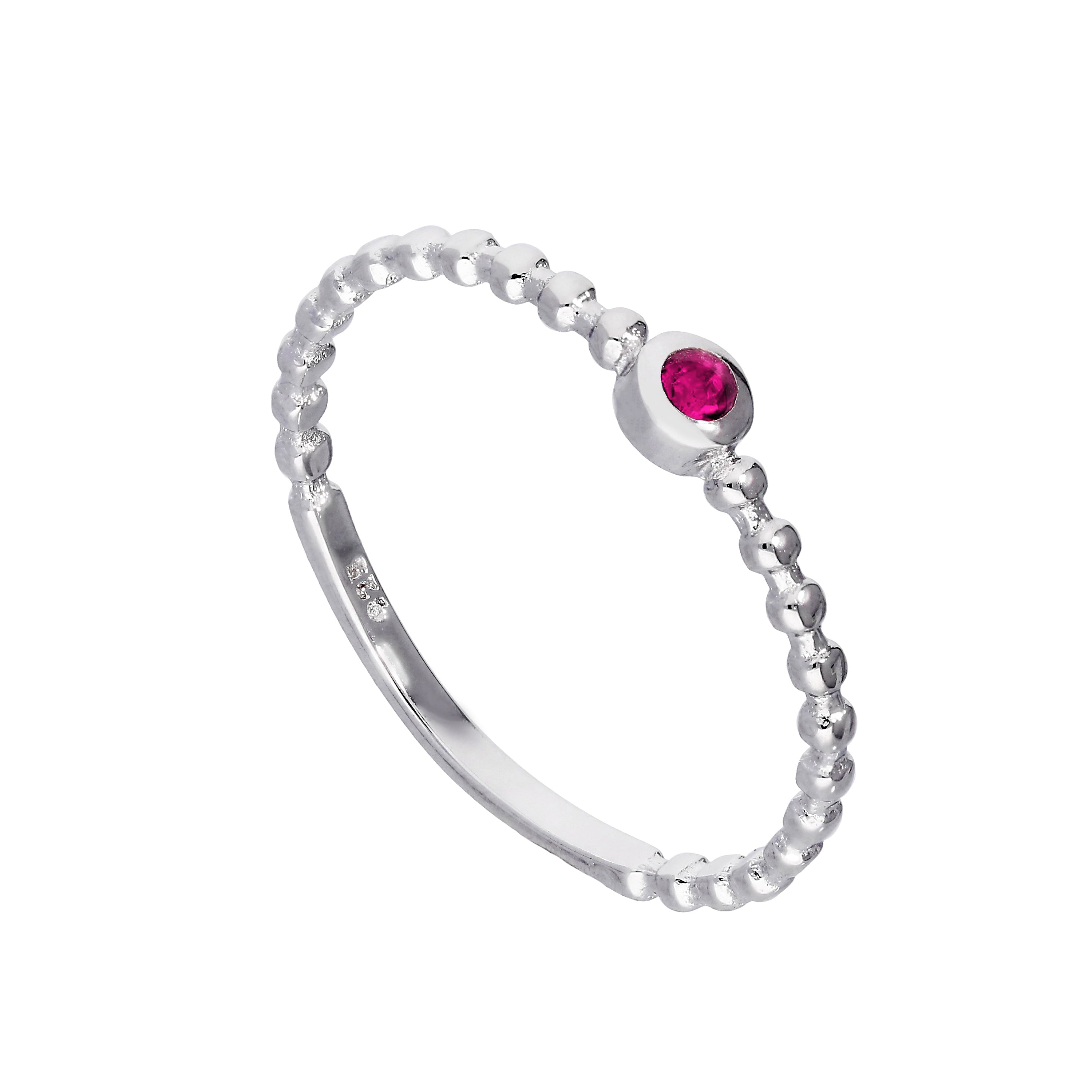 Sterling Silver & Ruby CZ Crystal July Birthstone Beaded Band Ring sizes I - U