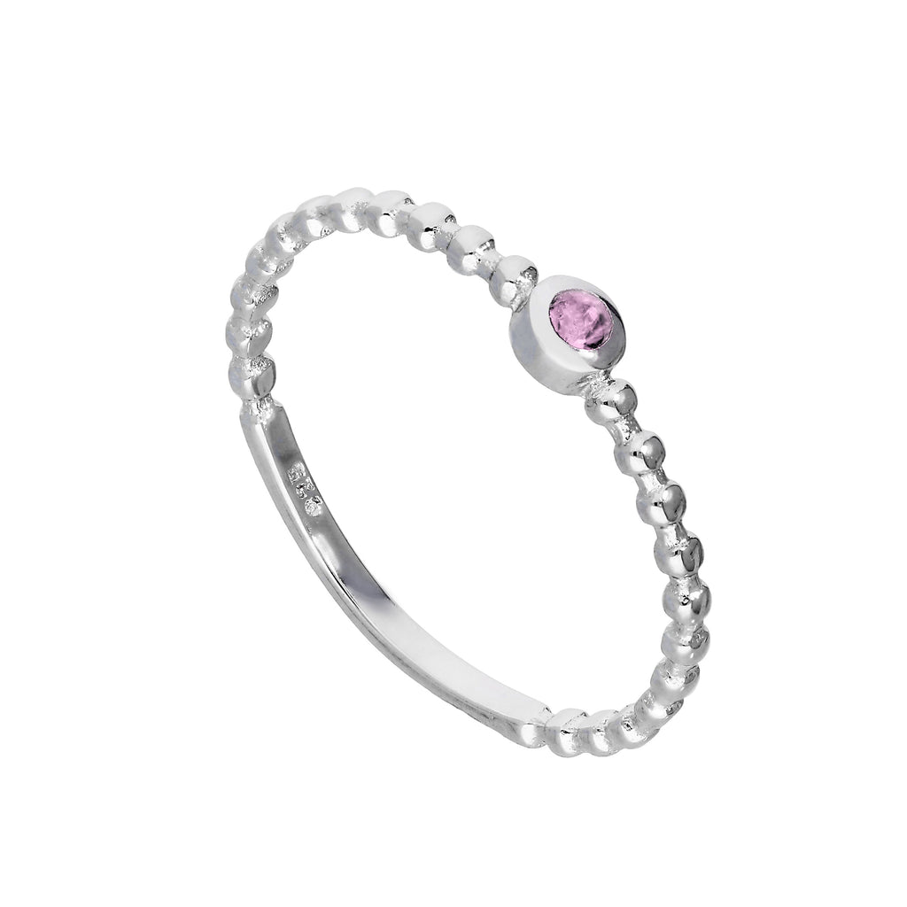 Sterling Silver & Tourmaline CZ Crystal October Birthstone Beaded Band Ring I-U