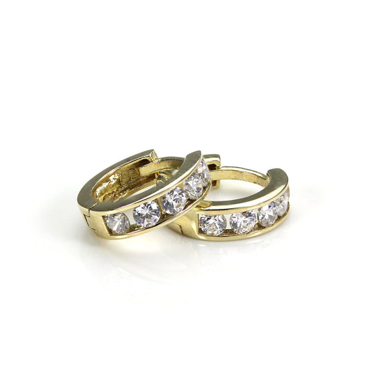9ct Gold 7mm Crystal Huggie Hinged Hoop Earrings