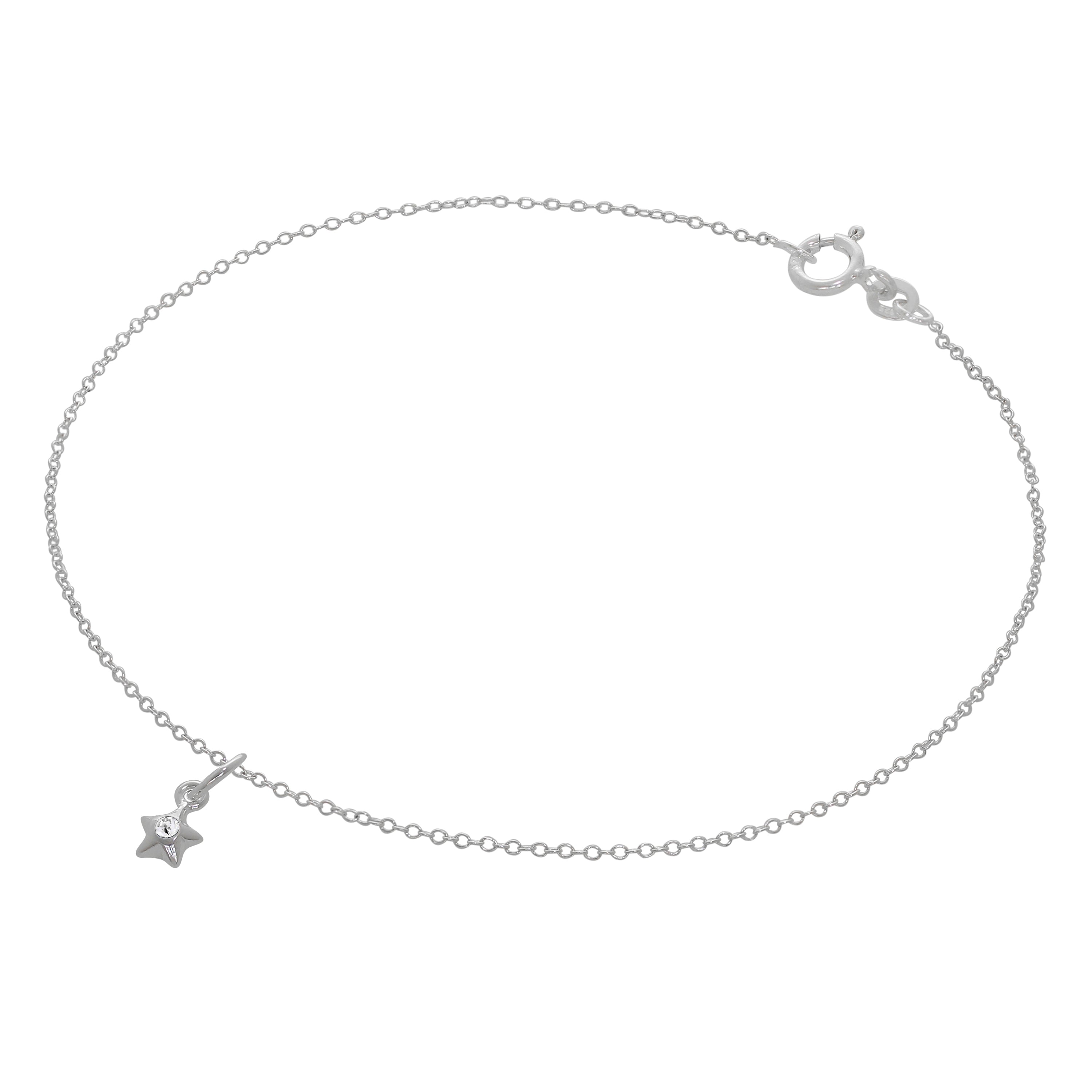 Fine Sterling Silver Belcher Anklet with CZ Crystal Birthstone Star Charm - 10 Inches