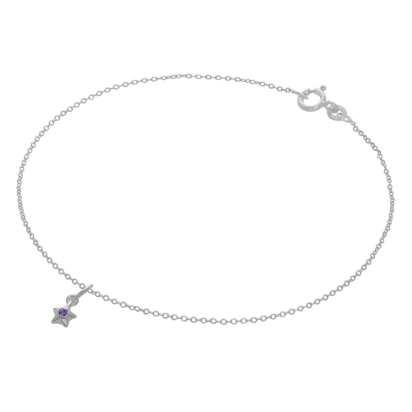 Fine Sterling Silver Belcher Anklet with CZ Crystal Birthstone Star Charm - 10 Inches