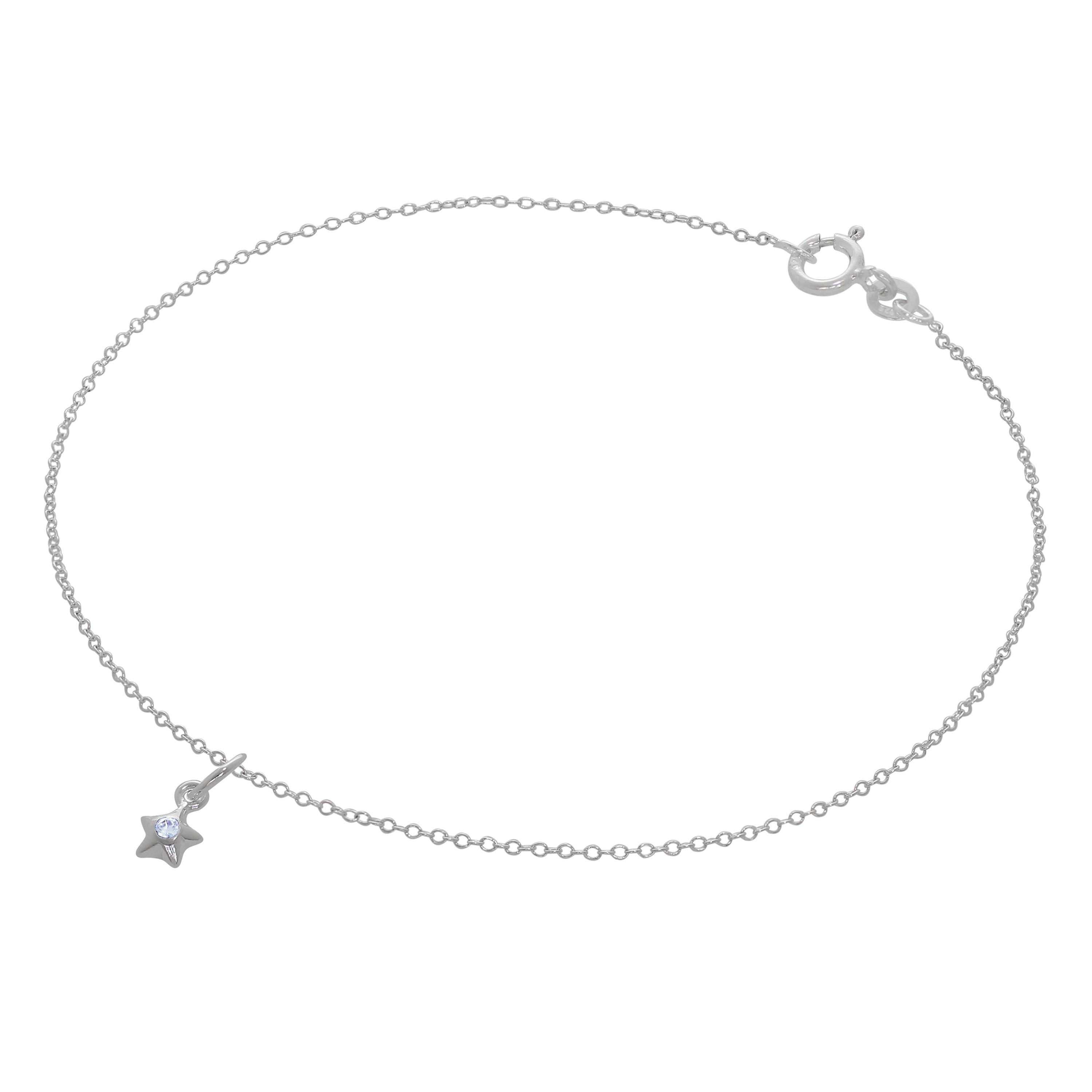 Fine Sterling Silver Belcher Anklet with CZ Crystal Birthstone Star Charm - 10 Inches
