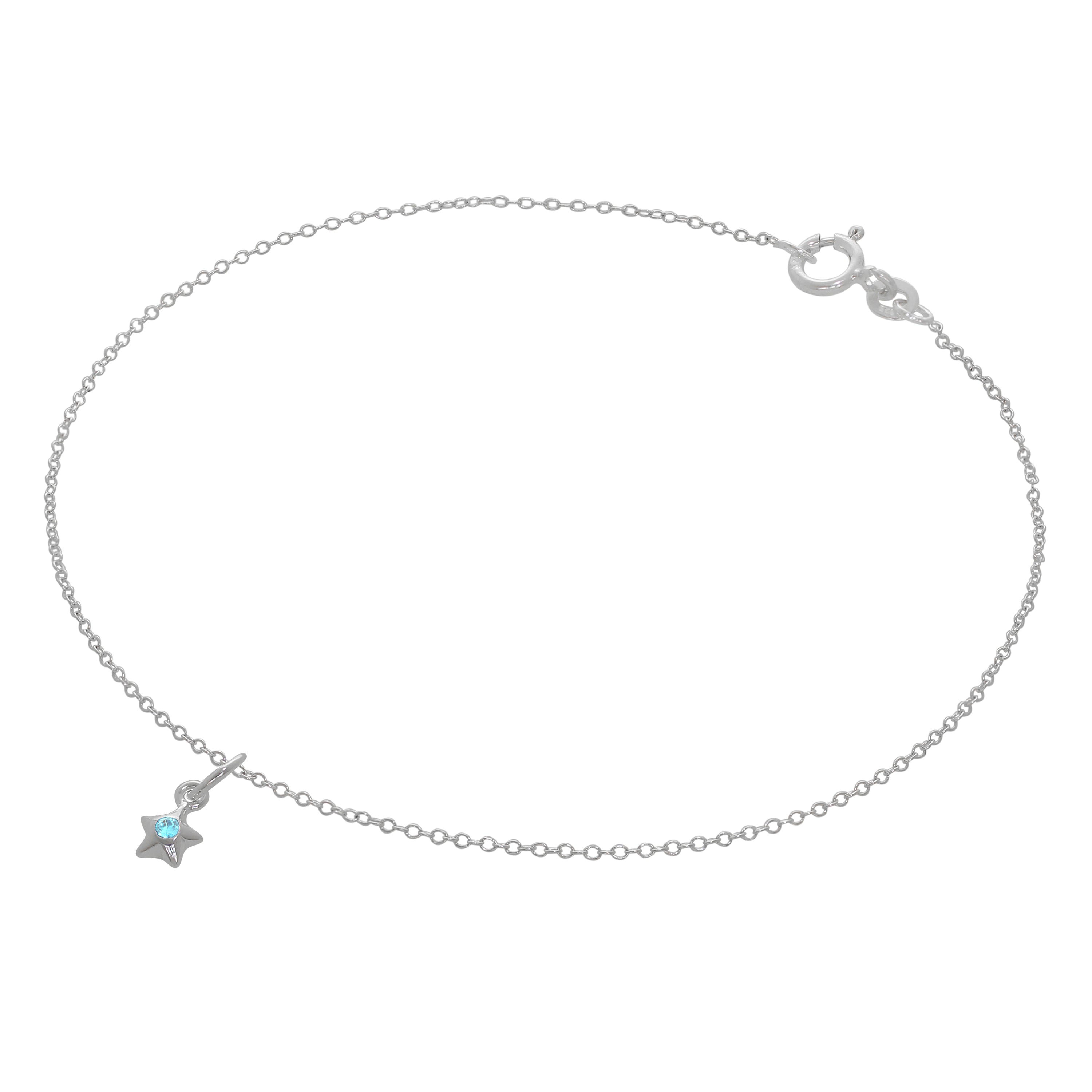 Fine Sterling Silver Belcher Anklet with CZ Crystal Birthstone Star Charm - 10 Inches