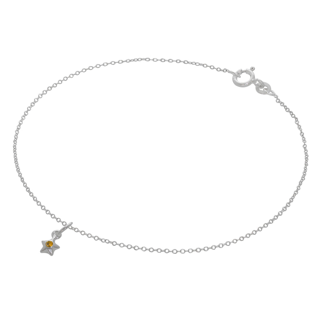Fine Sterling Silver Belcher Anklet with CZ Crystal Birthstone Star Charm - 10 Inches