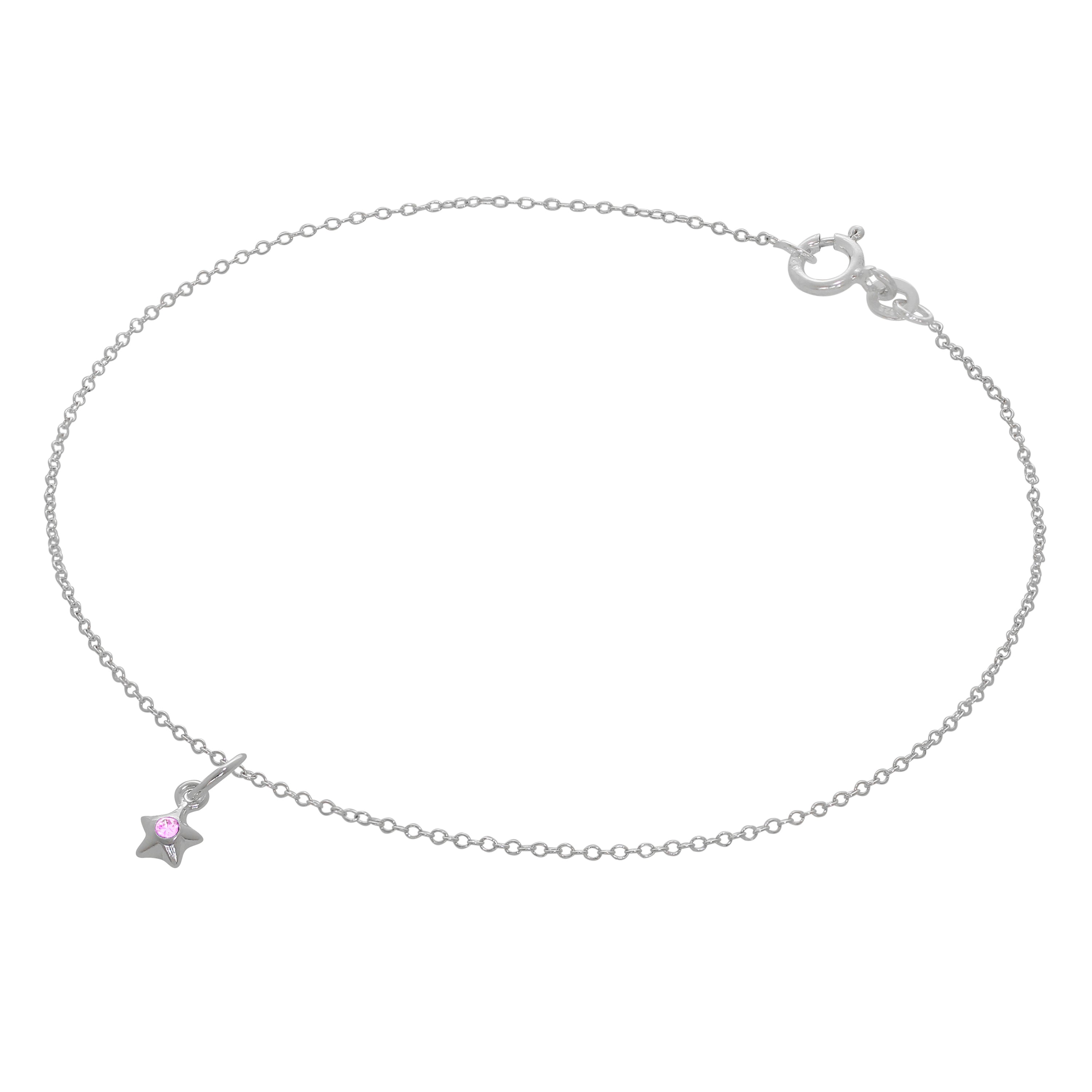 Fine Sterling Silver Belcher Anklet with CZ Crystal Birthstone Star Charm - 10 Inches