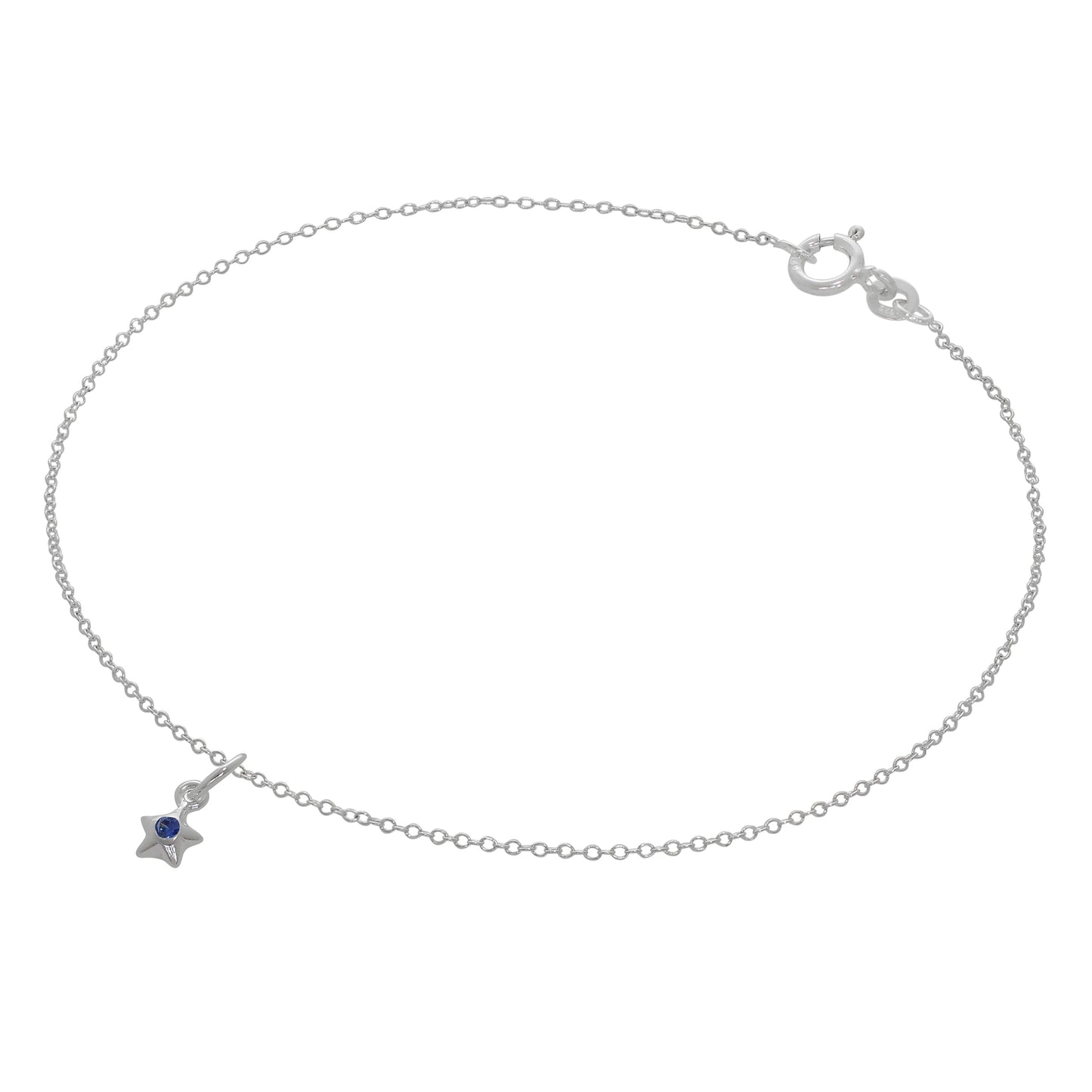 Fine Sterling Silver Belcher Anklet with CZ Crystal Birthstone Star Charm - 10 Inches