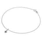 Fine Sterling Silver Belcher Anklet with CZ Crystal Birthstone Heart Charm - 10 Inches