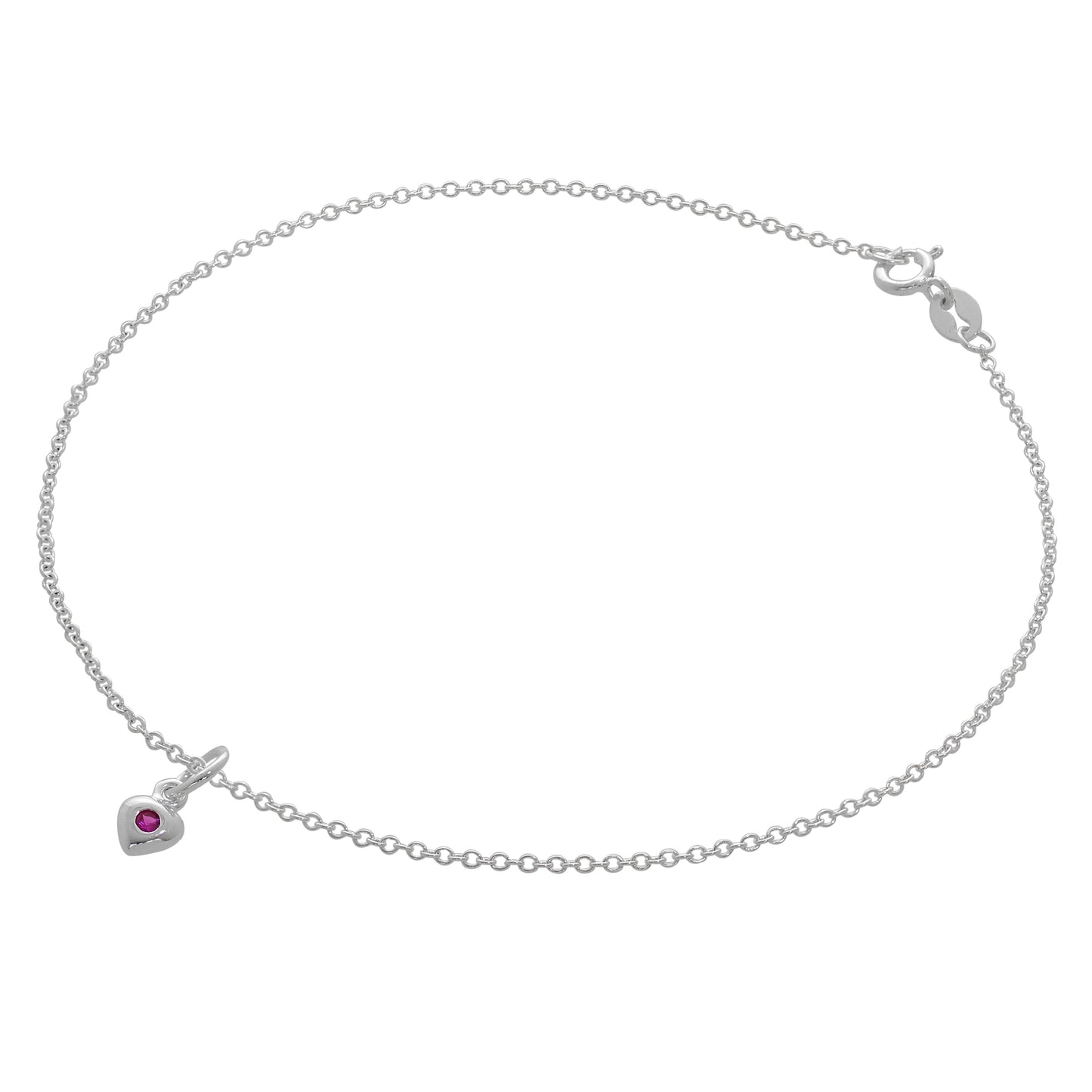 Fine Sterling Silver Belcher Anklet with CZ Crystal Birthstone Heart Charm - 10 Inches