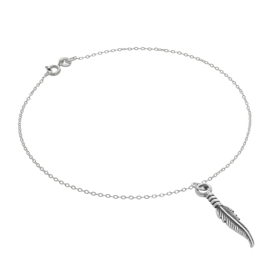 Fine Sterling Silver Belcher Anklet with Feather Charm - 10 Inches - jewellerybox