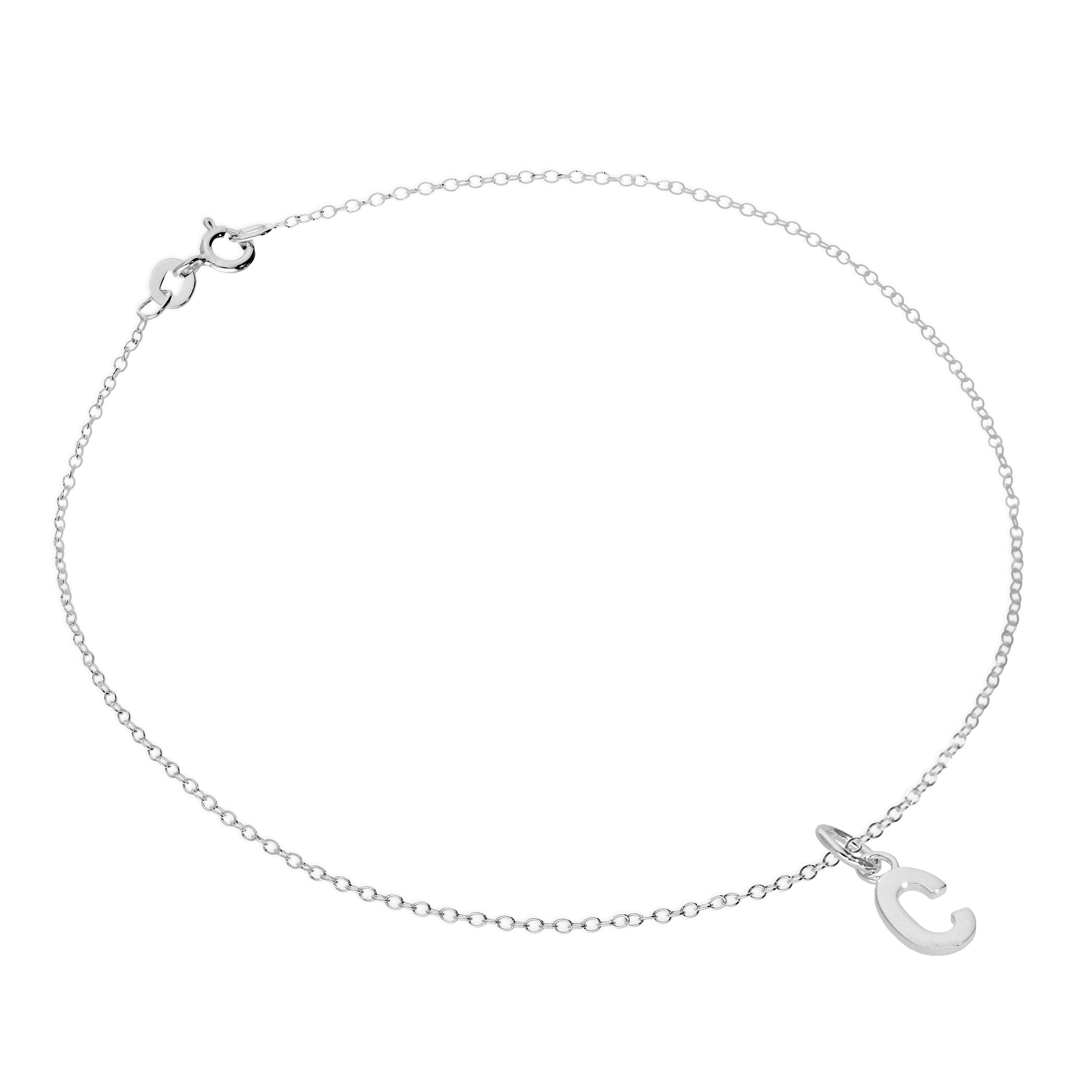 Fine Sterling Silver Belcher Anklet with Alphabet Letter Charm - 10 Inches - A-Z