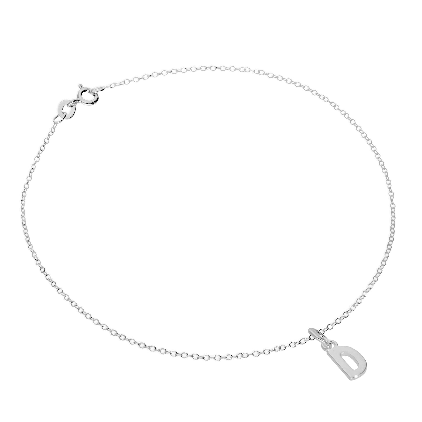 Fine Sterling Silver Belcher Anklet with Alphabet Letter Charm - 10 Inches - A-Z