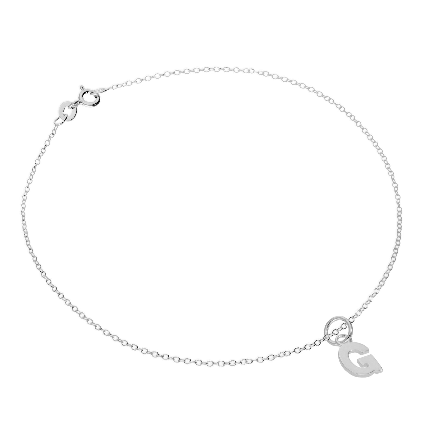 Fine Sterling Silver Belcher Anklet with Alphabet Letter Charm - 10 Inches - A-Z