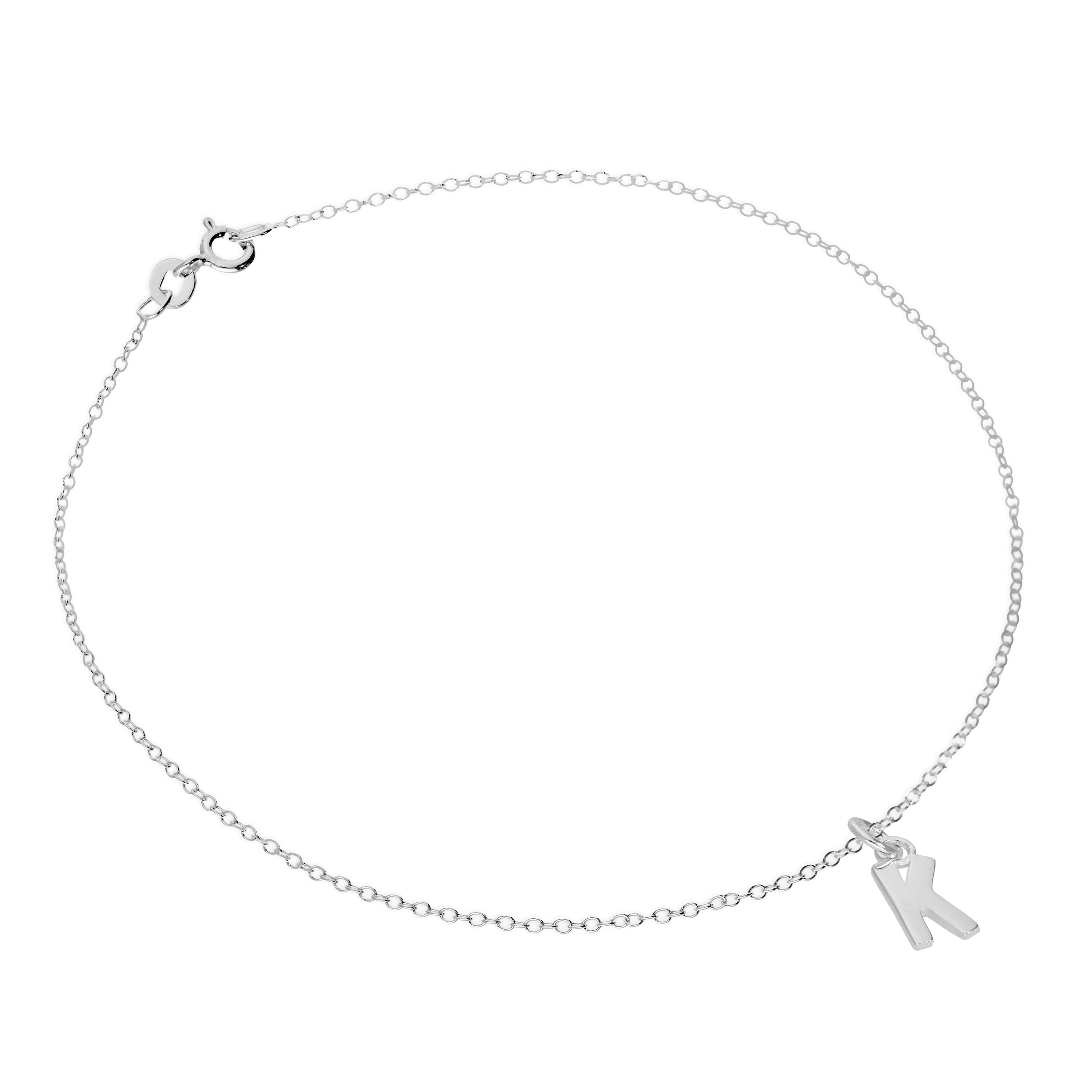 Fine Sterling Silver Belcher Anklet with Alphabet Letter Charm - 10 Inches - A-Z