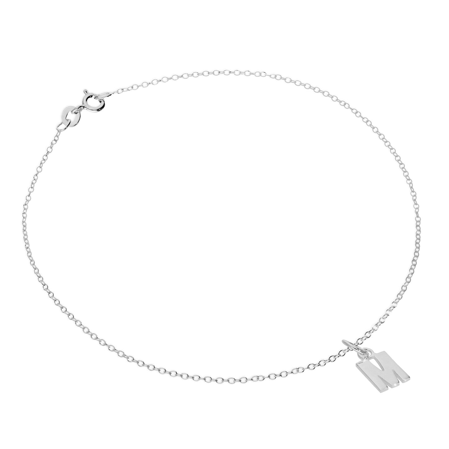 Fine Sterling Silver Belcher Anklet with Alphabet Letter Charm - 10 Inches - A-Z