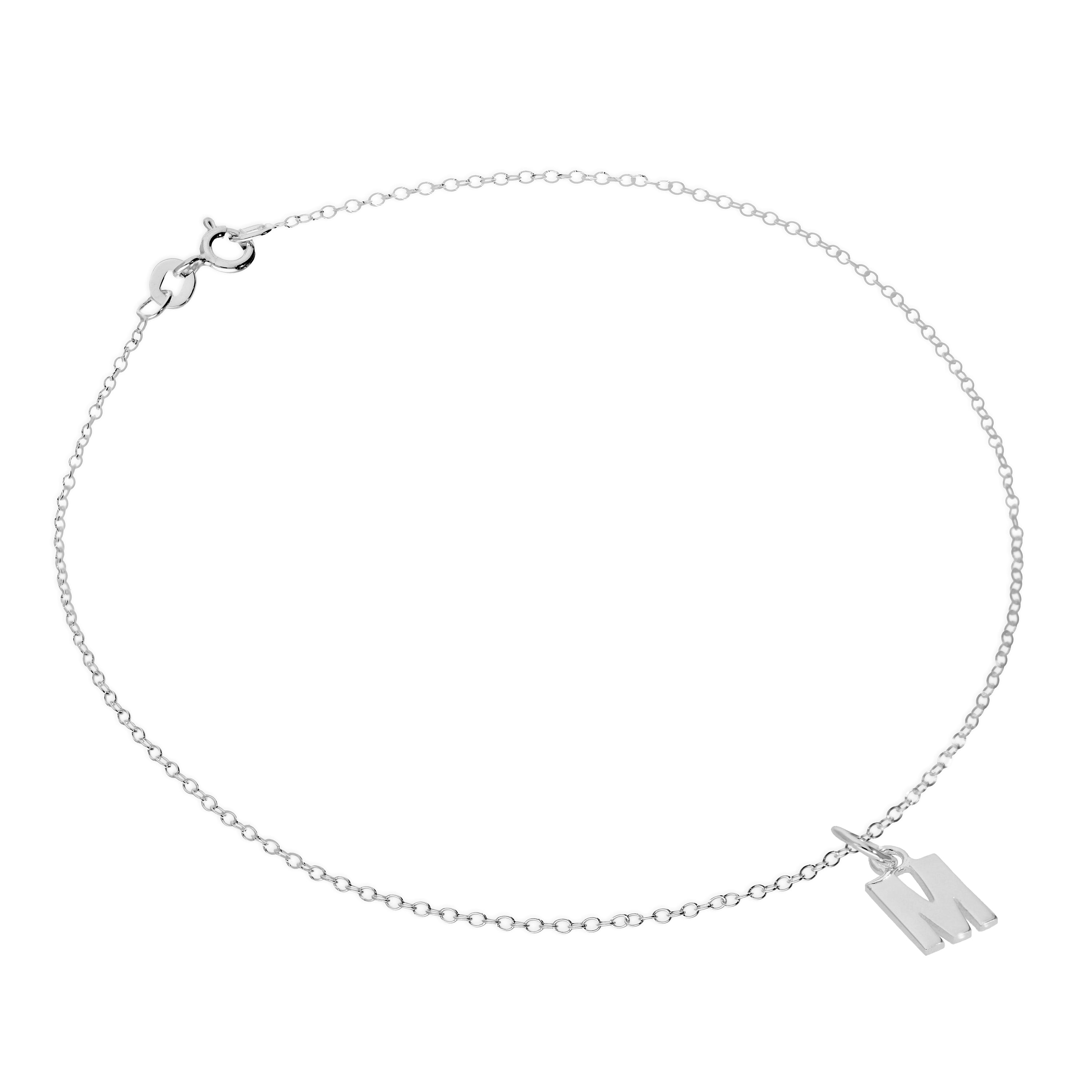 Fine Sterling Silver Belcher Anklet with Alphabet Letter Charm - 10 Inches - A-Z