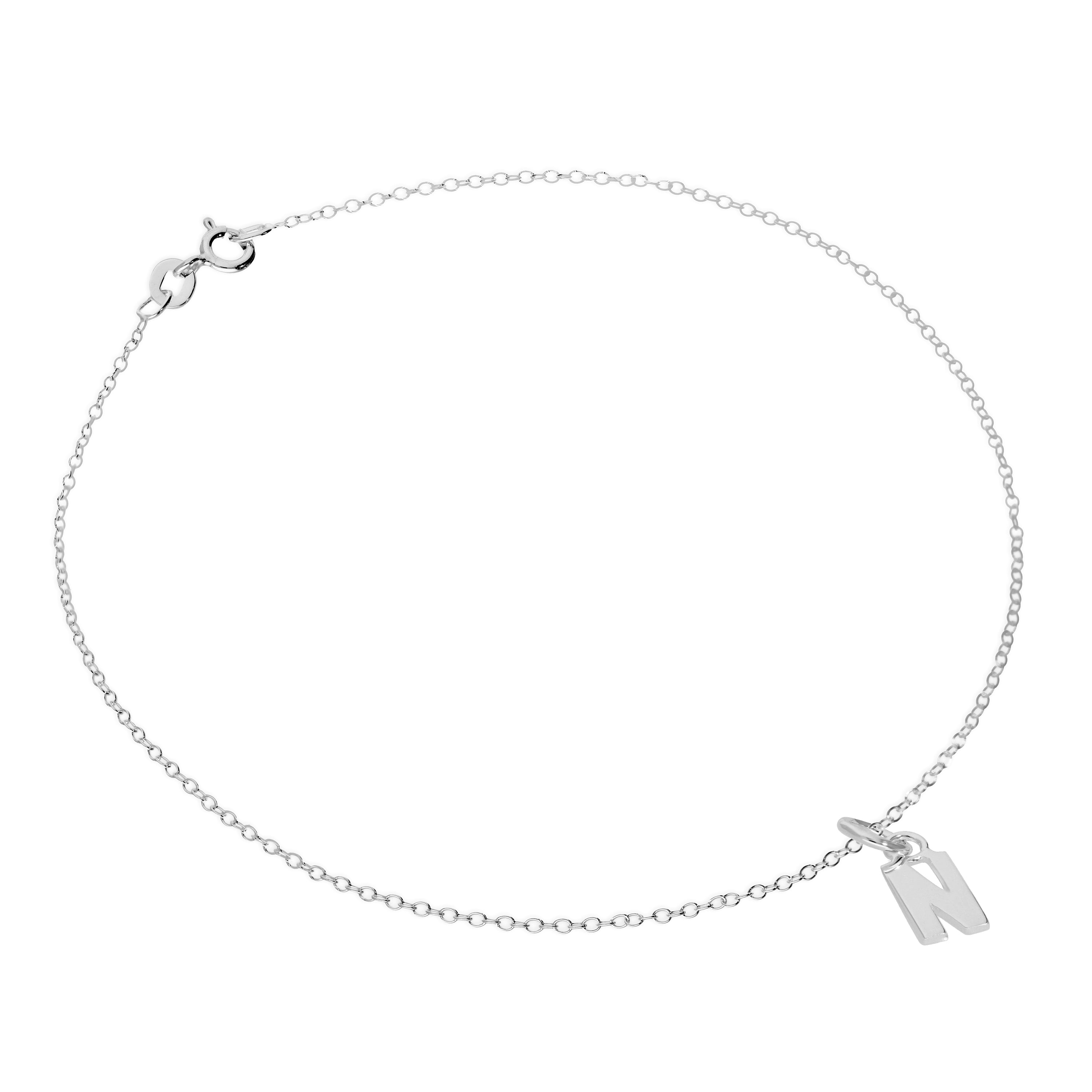 Fine Sterling Silver Belcher Anklet with Alphabet Letter Charm - 10 Inches - A-Z