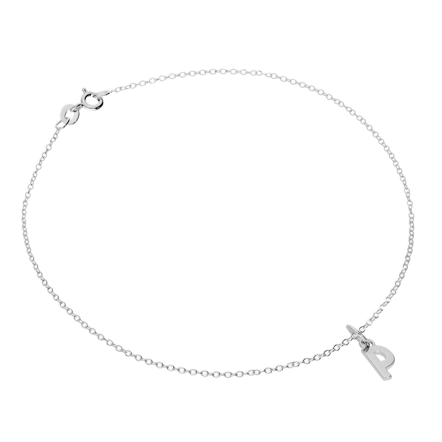Fine Sterling Silver Belcher Anklet with Alphabet Letter Charm - 10 Inches - A-Z