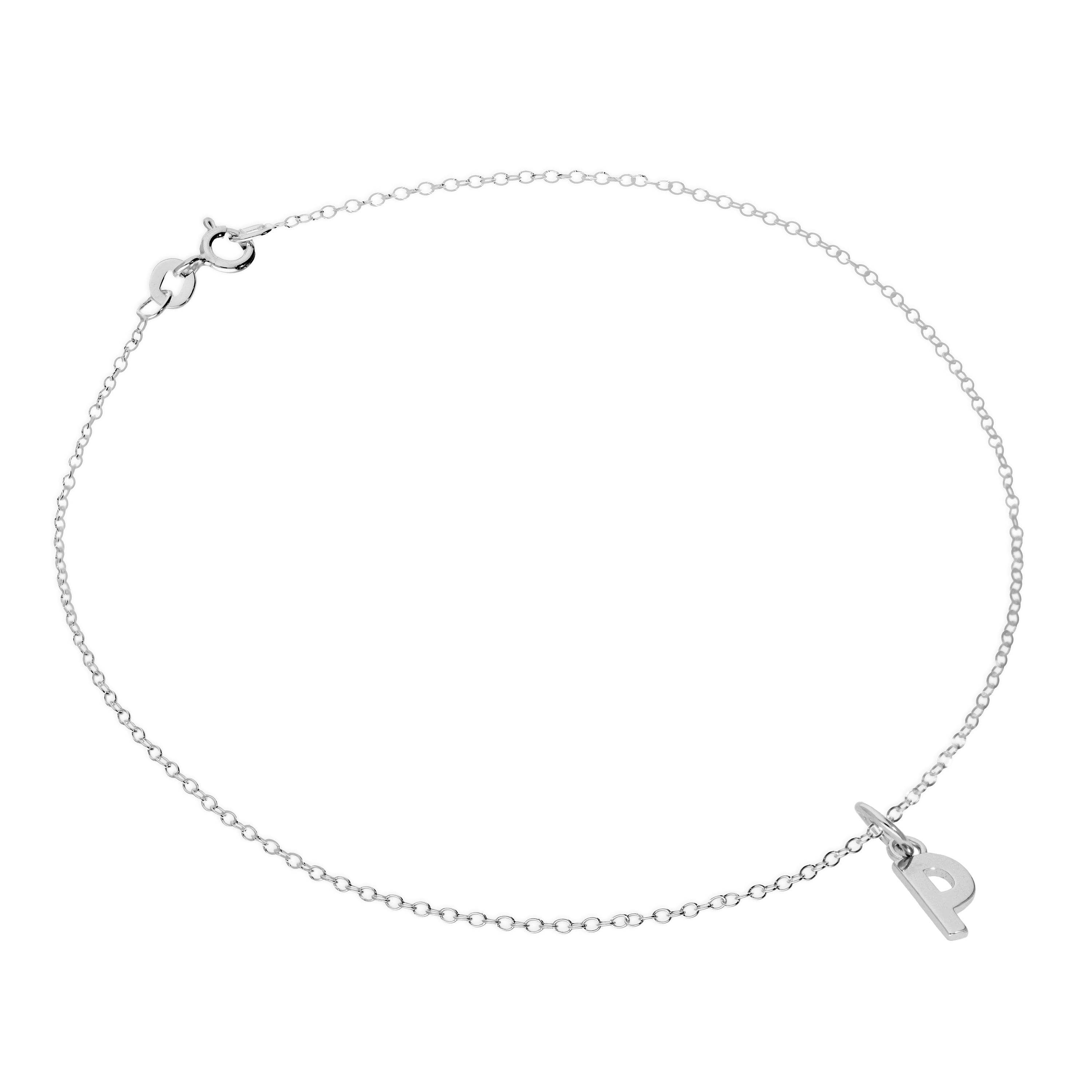 Fine Sterling Silver Belcher Anklet with Alphabet Letter Charm - 10 Inches - A-Z