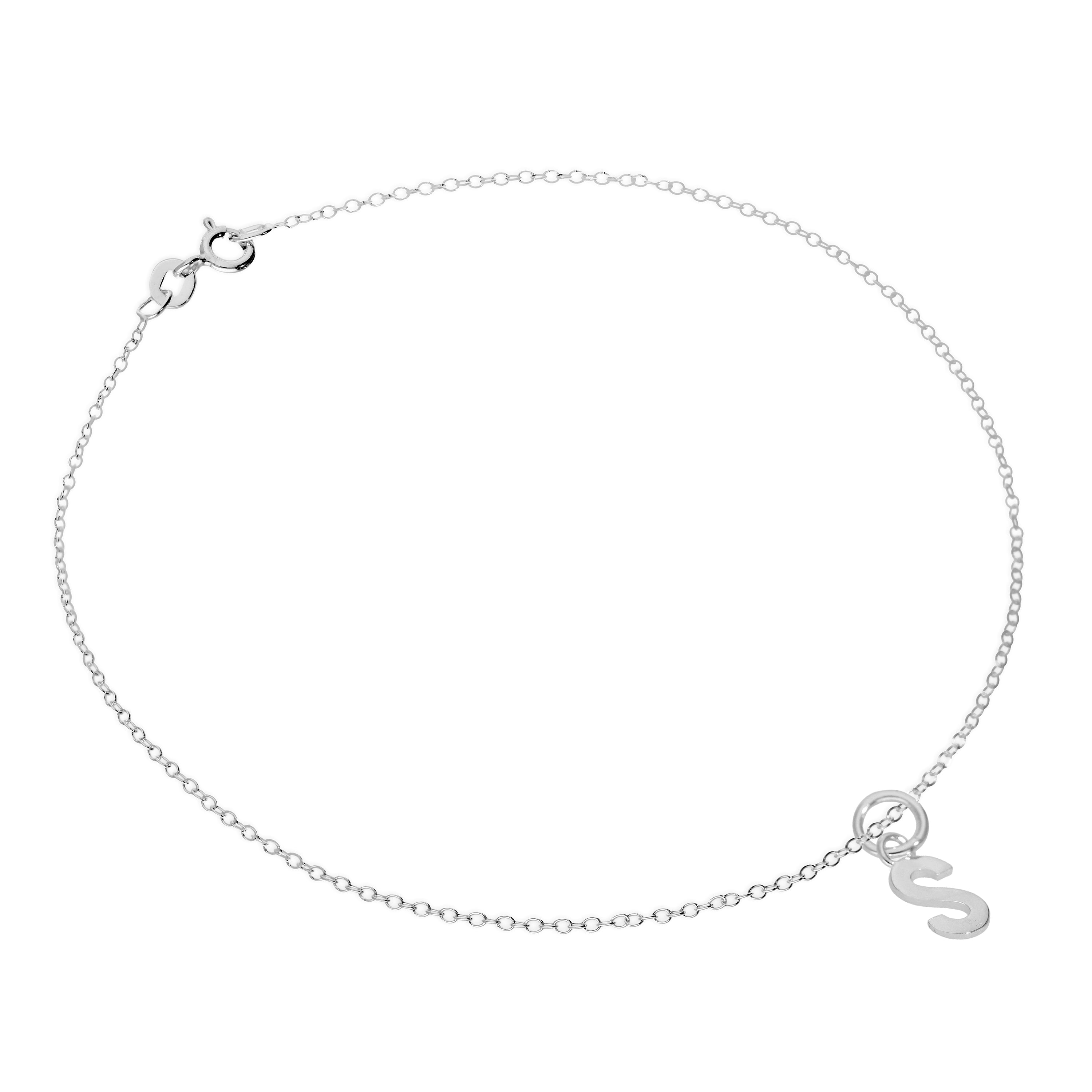 Fine Sterling Silver Belcher Anklet with Alphabet Letter Charm - 10 Inches - A-Z
