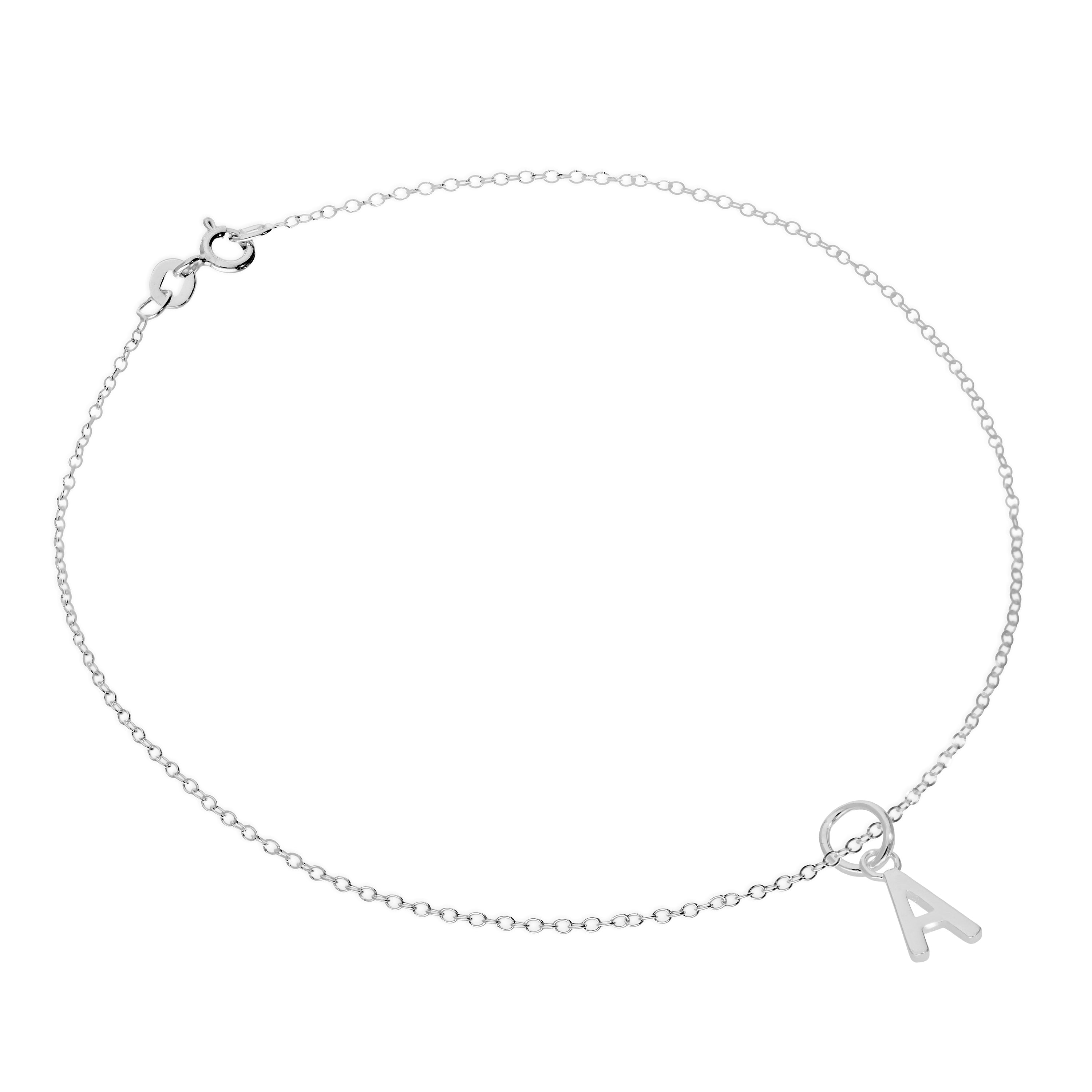 Fine Sterling Silver Belcher Anklet with Alphabet Letter Charm - 10 Inches - A-Z