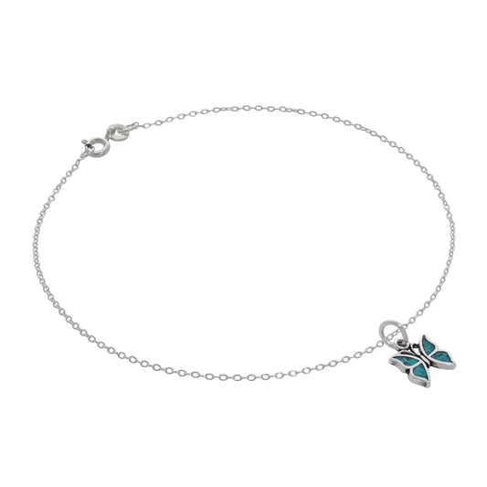 Fine Sterling Silver Belcher Anklet with Small Turquoise Butterfly Charm - 10 Inches - jewellerybox
