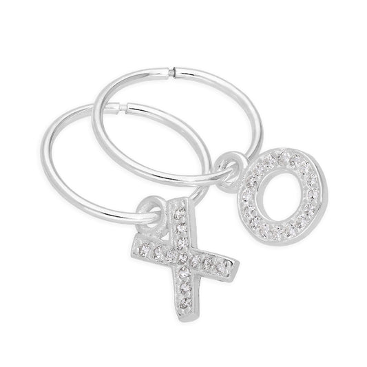 Sterling Silver CZ Crystal Kiss Hug X O 12mm Sleeper Hoop Earrings