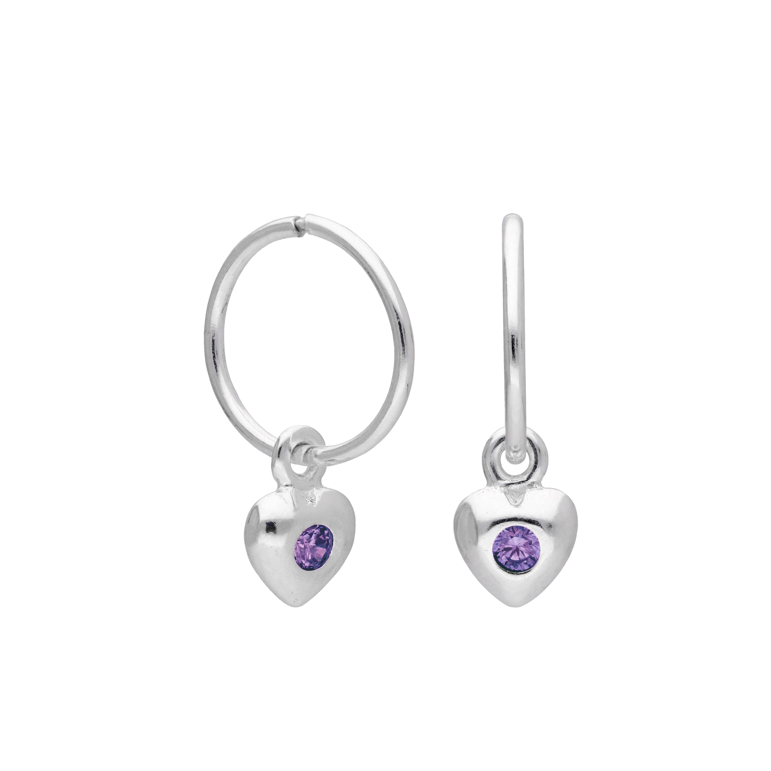 Sterling Silver CZ Crystal Birthstone Heart 10 - 22mm Sleeper Hoop Earrings