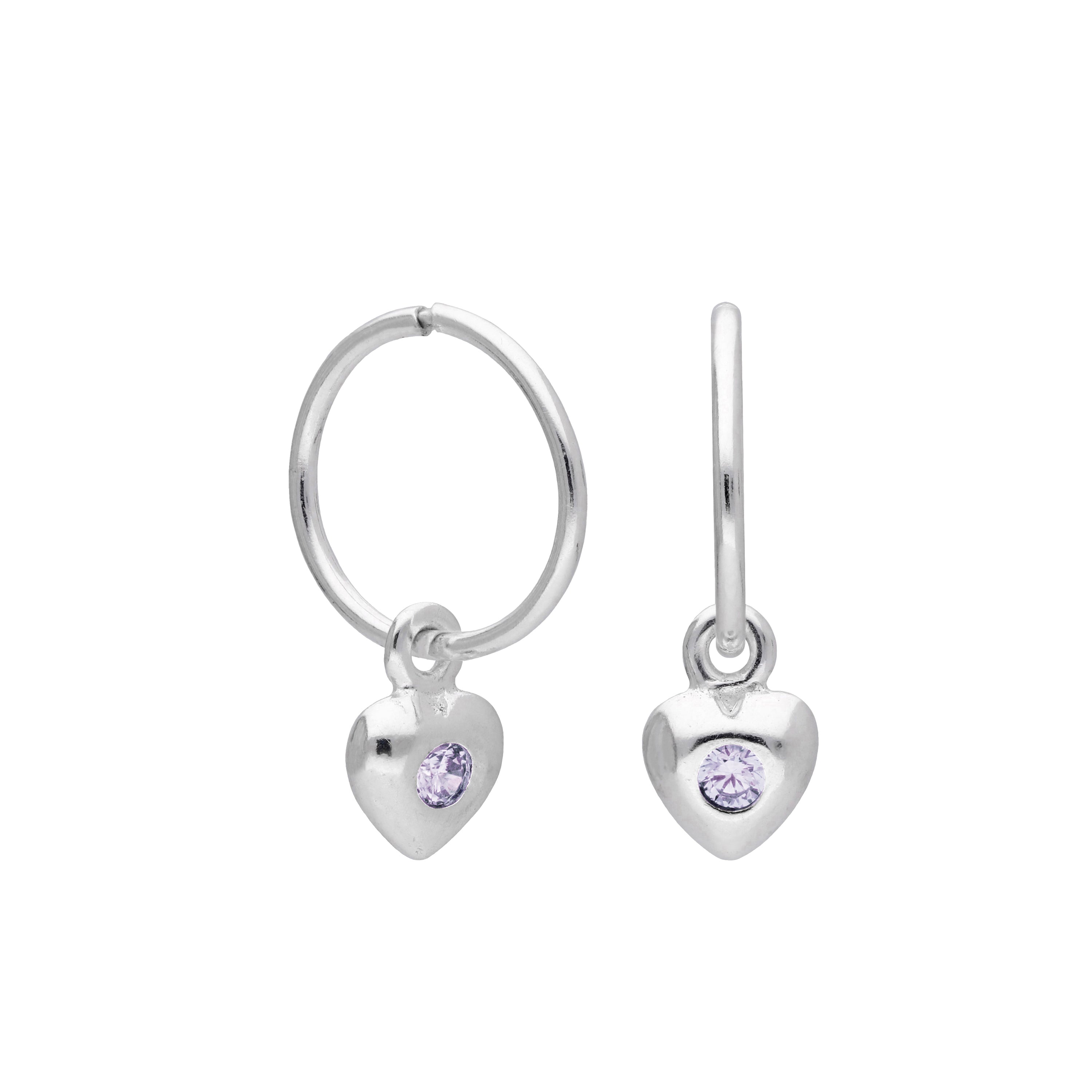 Sterling Silver CZ Crystal Birthstone Heart 10 - 22mm Sleeper Hoop Earrings