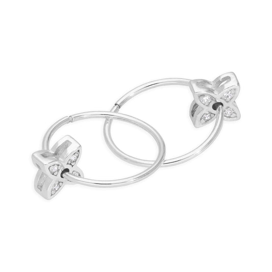 Sterling Silver CZ Crystal Floating Flower 14mm Sleeper Hoop Earrings
