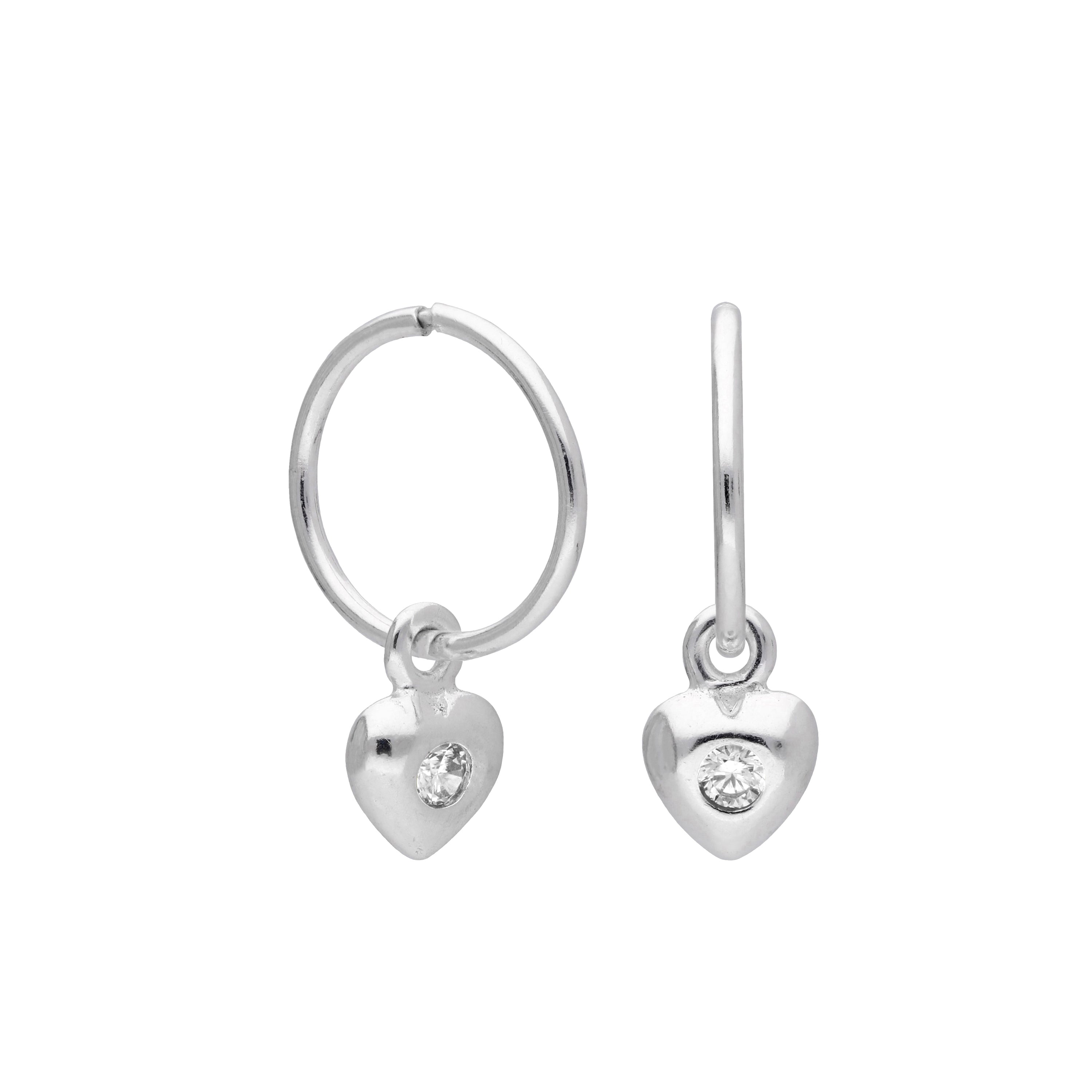 Sterling Silver CZ Crystal Heart 10 - 22mm Sleeper Hoop Earrings