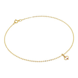 9ct Gold Hammered Trace Anklet with Ruby CZ Heart Outline Charm - 9.5 Inches